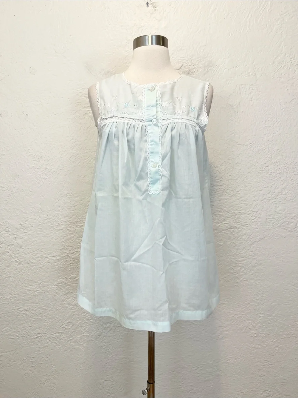 Vintage Micro Mini Babydoll Sleep Dress Blue Eyelet Lace Floral XS - Picture 1 of 14